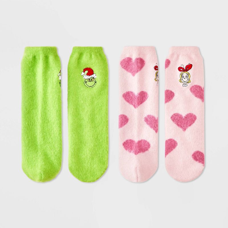 slide 2 of 4, How the Grinch Stole Christmas Women's The Grinch Furry Face Box of Cozy Embroidered Crew Socks - Green/Pink 4-10, 1 ct