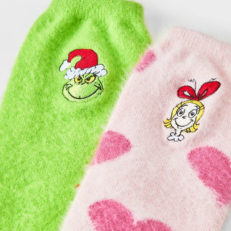 slide 3 of 4, How the Grinch Stole Christmas Women's The Grinch Furry Face Box of Cozy Embroidered Crew Socks - Green/Pink 4-10, 1 ct