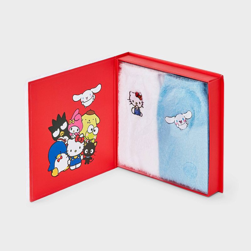 slide 4 of 4, Women's Hello Kitty Furry Face Box of Cozy Embroidered Crew Socks - White/Blue 4-10, 1 ct