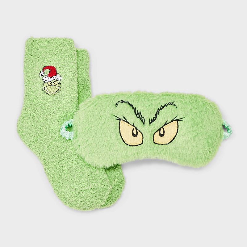 slide 2 of 4, How the Grinch Stole Christmas Women's The Grinch Embroidered Faux Fur 3pk Cozy Gift Set with Reusable Pouch, Cozy Socks and Eye Mask - Green 4-10, 3 ct