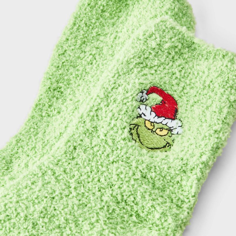 slide 3 of 4, How the Grinch Stole Christmas Women's The Grinch Embroidered Faux Fur 3pk Cozy Gift Set with Reusable Pouch, Cozy Socks and Eye Mask - Green 4-10, 3 ct