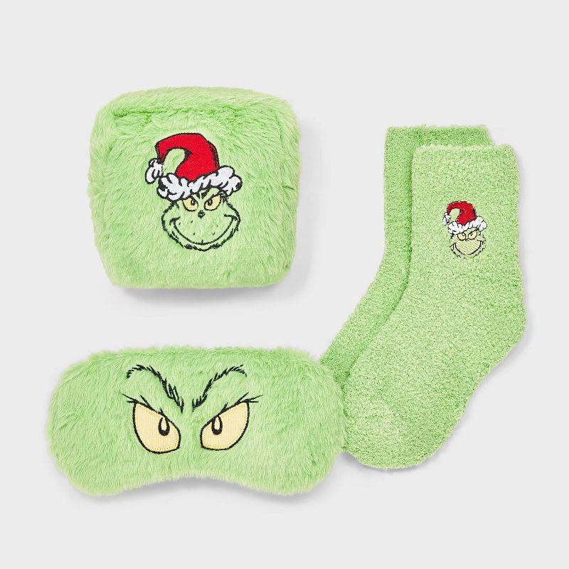 slide 1 of 4, How the Grinch Stole Christmas Women's The Grinch Embroidered Faux Fur 3pk Cozy Gift Set with Reusable Pouch, Cozy Socks and Eye Mask - Green 4-10, 3 ct