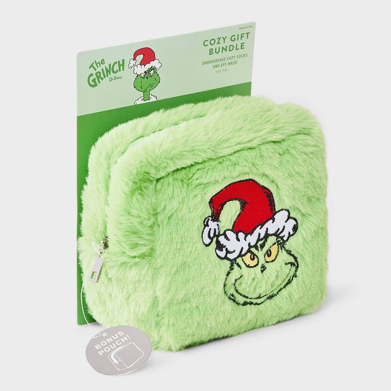slide 4 of 4, How the Grinch Stole Christmas Women's The Grinch Embroidered Faux Fur 3pk Cozy Gift Set with Reusable Pouch, Cozy Socks and Eye Mask - Green 4-10, 3 ct