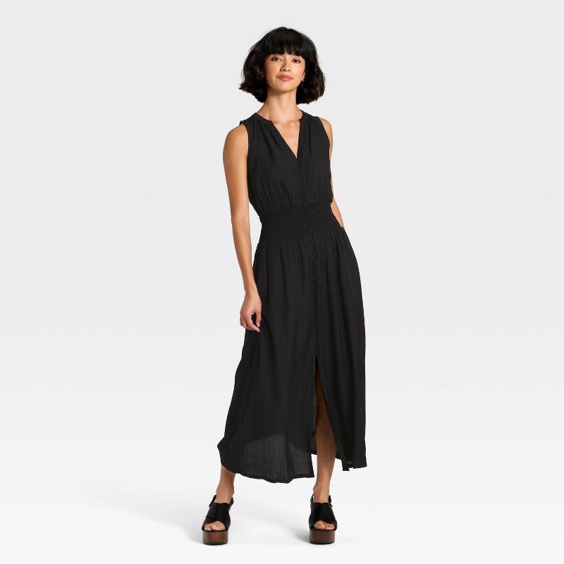 slide 3 of 3, Women's Button-Front Maxi A-Line Dress - Universal Thread™ Black XS, 1 ct