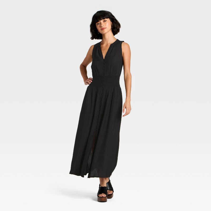 slide 1 of 3, Women's Button-Front Maxi A-Line Dress - Universal Thread™ Black L, 1 ct