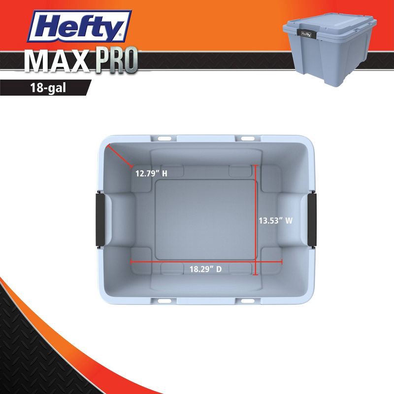 slide 7 of 7, Hefty 18gal Max Pro Tote Blue Finch Base Lid with Black Latch and Brushed Silver Foil, 18 gal