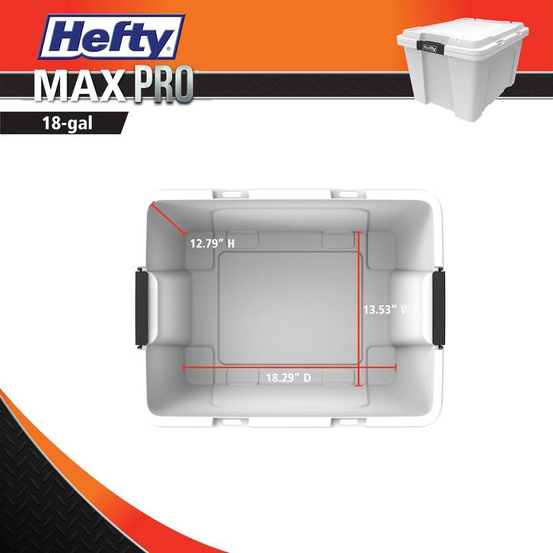 slide 7 of 7, Hefty 18gal Max Pro Tote White Base Lid with Black Latch and Brushed Silver Foil, 18 gal