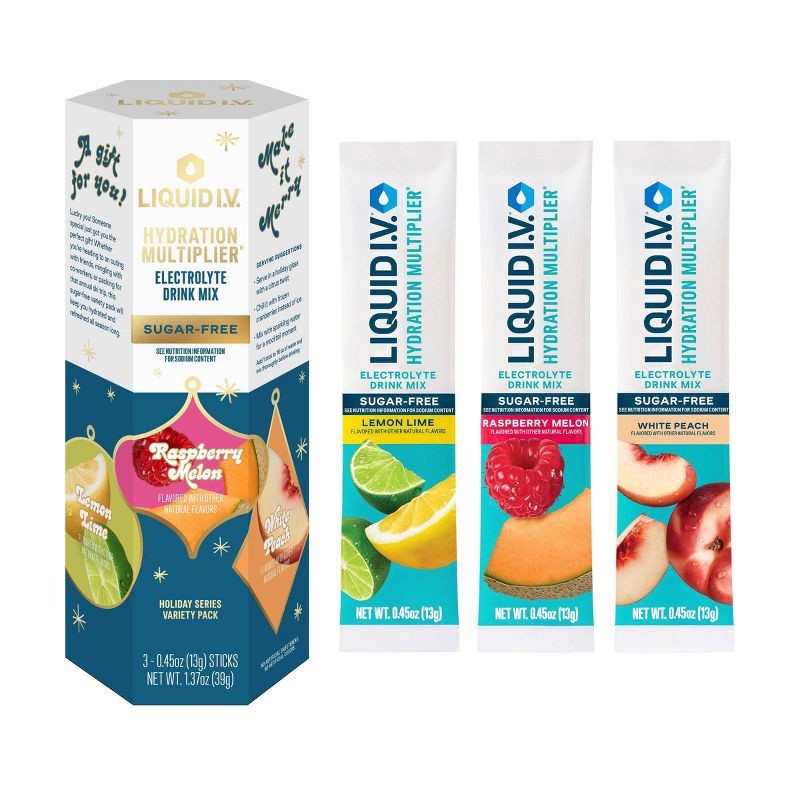 slide 1 of 10, Liquid I.V. Holiday Sugar Free Hydration Multiplier Lemon, Raspberry, Melon, Peach Powder Electrolyte Supplement Variety Pack - 3ct/1.37oz, 3 ct, 1.37 oz