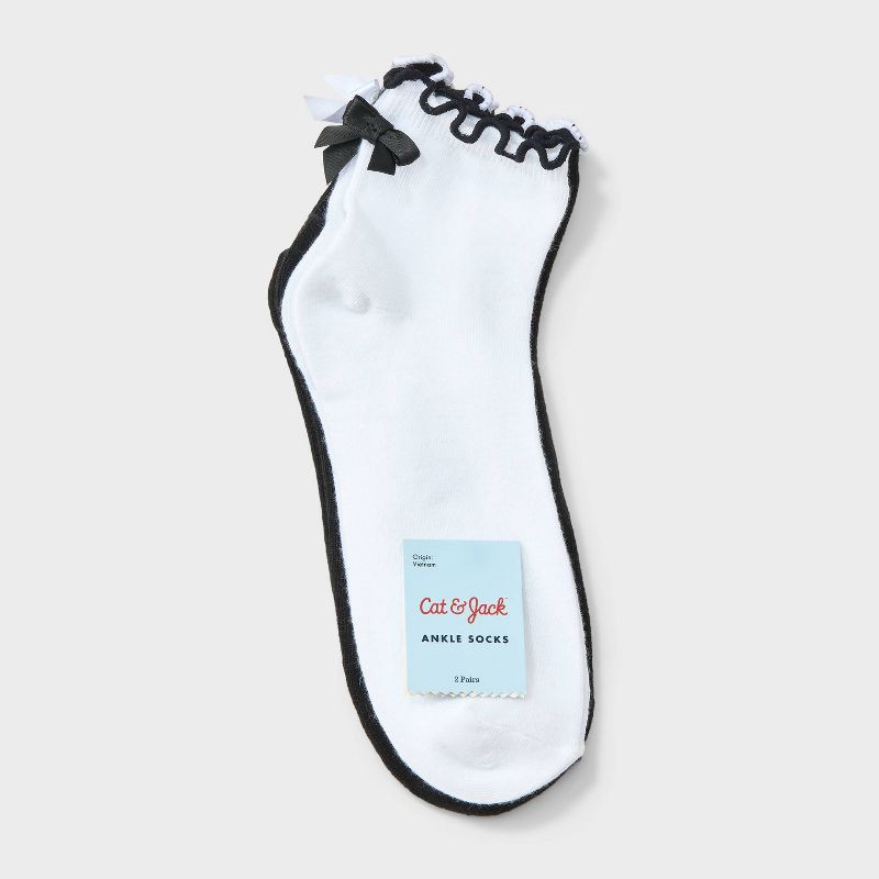 slide 2 of 3, Girls' 2pk Ruffle Trim Bow Dressy Ankle Socks - Cat & Jack™ White/Black L, 2 ct