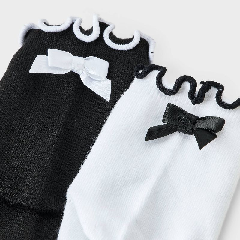 slide 3 of 3, Girls' 2pk Ruffle Trim Bow Dressy Ankle Socks - Cat & Jack™ White/Black L, 2 ct
