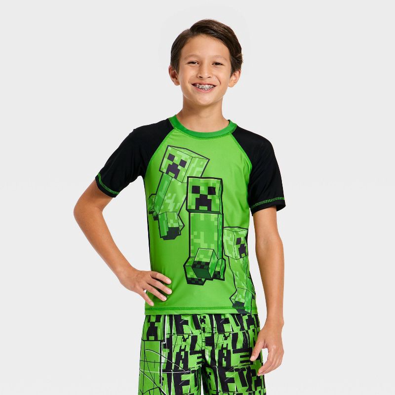slide 1 of 3, Boys' Minecraft Rash Guard Top - Green M, 1 ct