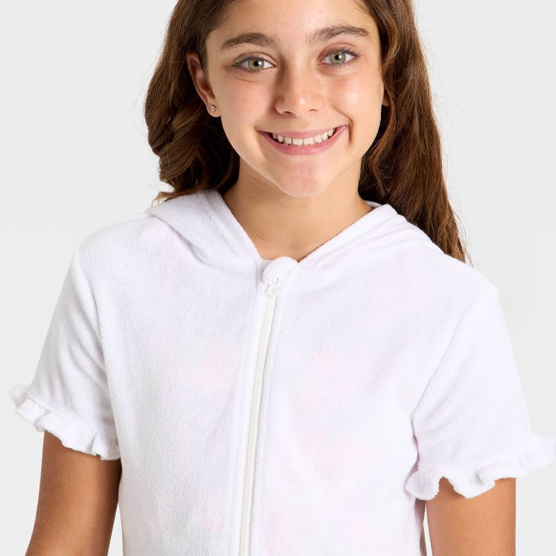 slide 3 of 3, Girls' Ruffle Terry Zip-Up Swimsuit Cover-Up - Cat & Jack™ White S, 1 ct