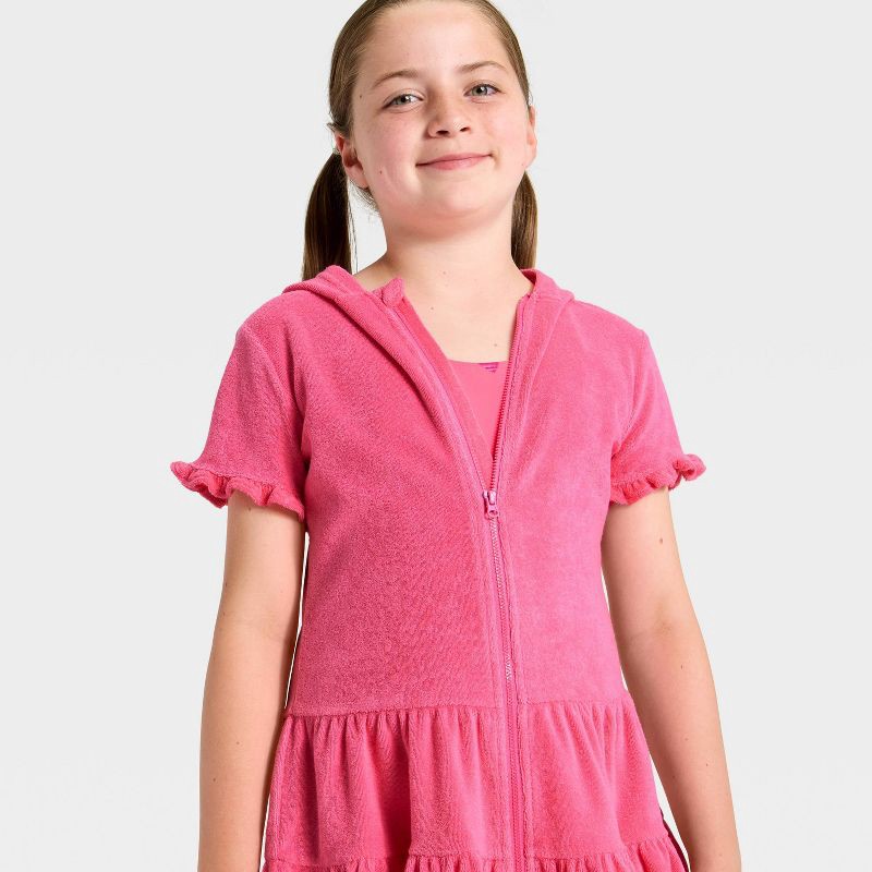 slide 3 of 3, Girls' Ruffle Terry Zip-Up Swimsuit Cover-Up - Cat & Jack™ Pink L, 1 ct