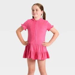 Girls' Ruffle Terry Zip-Up Swimsuit Cover-Up - Cat & Jack™ Pink L