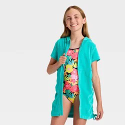 Girls' Side Cinched Terry Zip-Up Swimsuit Cover-Up - Cat & Jack™ Turquoise Blue S