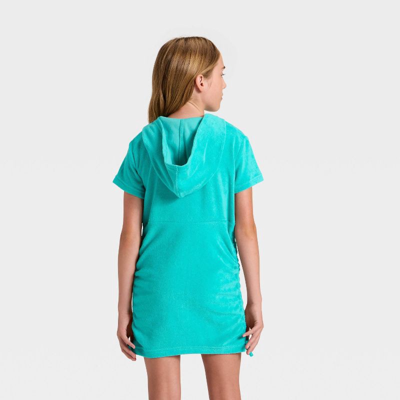 slide 2 of 3, Girls' Side Cinched Terry Zip-Up Swimsuit Cover-Up - Cat & Jack™ Turquoise Blue M, 1 ct