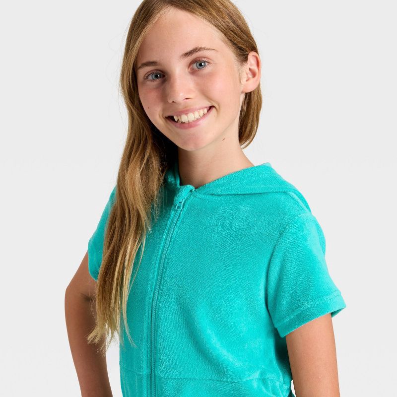 slide 3 of 3, Girls' Side Cinched Terry Zip-Up Swimsuit Cover-Up - Cat & Jack™ Turquoise Blue L, 1 ct