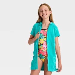 Girls' Side Cinched Terry Zip-Up Swimsuit Cover-Up - Cat & Jack™ Turquoise Blue XL