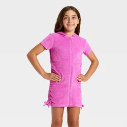 Girls' Side Cinched Terry Zip-Up Swimsuit Cover-Up - Cat & Jack™ Purple L