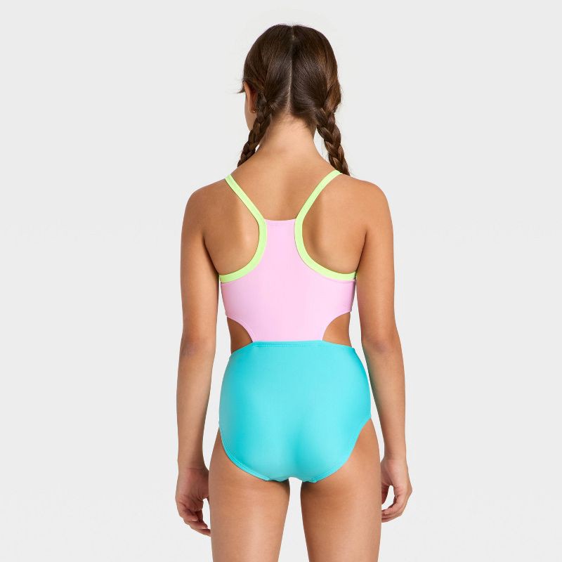 slide 2 of 3, Girls' Sleeveless Colorblock One Piece Swimsuit - Cat & Jack™ Lavender/Turquoise XS, 1 ct