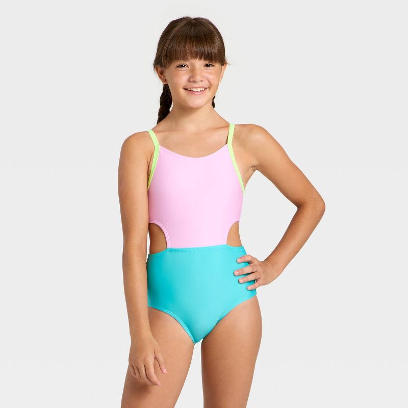 slide 1 of 3, Girls' Sleeveless Colorblock One Piece Swimsuit - Cat & Jack™ Lavender/Turquoise S, 1 ct