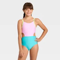 Girls&#x27; Sleeveless Colorblock One Piece Swimsuit - Cat &amp; Jack™ Lavender/Turquoise M