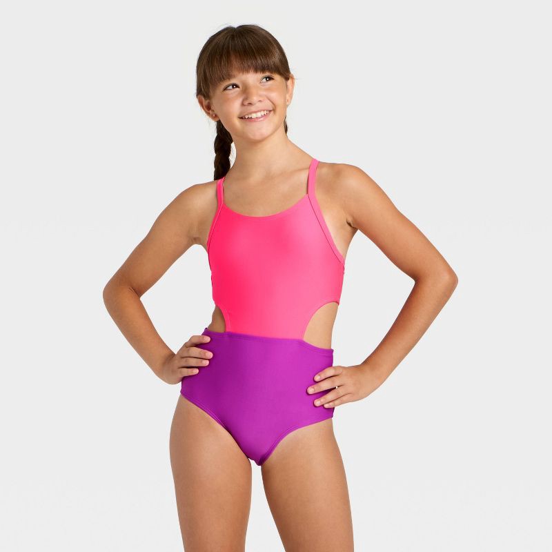 slide 1 of 3, Girls' Sleeveless Colorblock One Piece Swimsuit - Cat & Jack™ Pink/Purple S, 1 ct