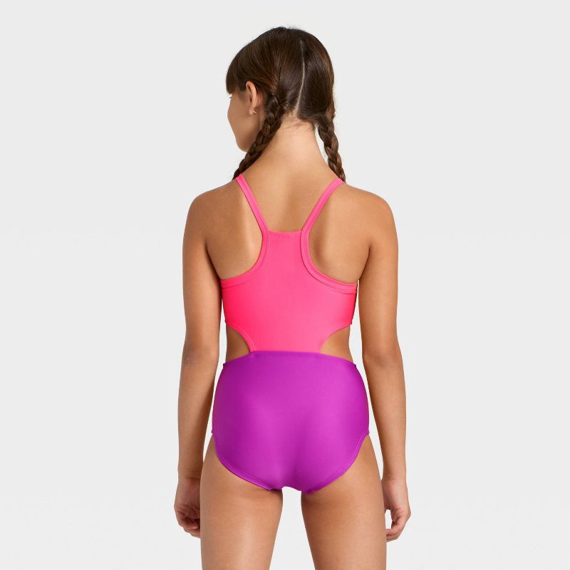 slide 2 of 3, Girls' Sleeveless Colorblock One Piece Swimsuit - Cat & Jack™ Pink/Purple L, 1 ct