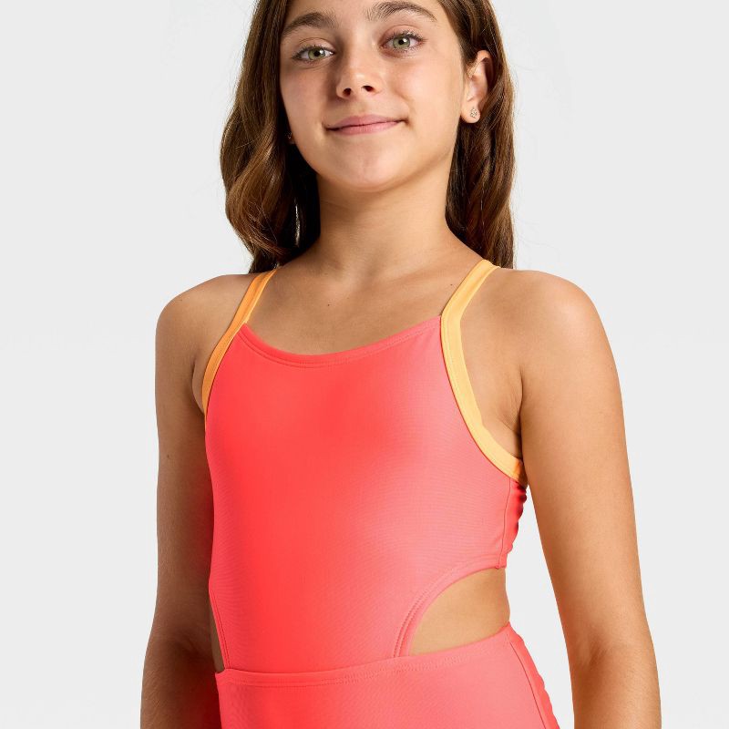 slide 3 of 3, Girls' Sleeveless Colorblock One Piece Swimsuit - Cat & Jack™ Coral Pink M, 1 ct