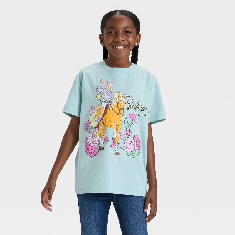 slide 1 of 4, Girls' Barbie Rodeo Boxy Short Sleeve Graphic T-Shirt - Sage Green XL, 1 ct