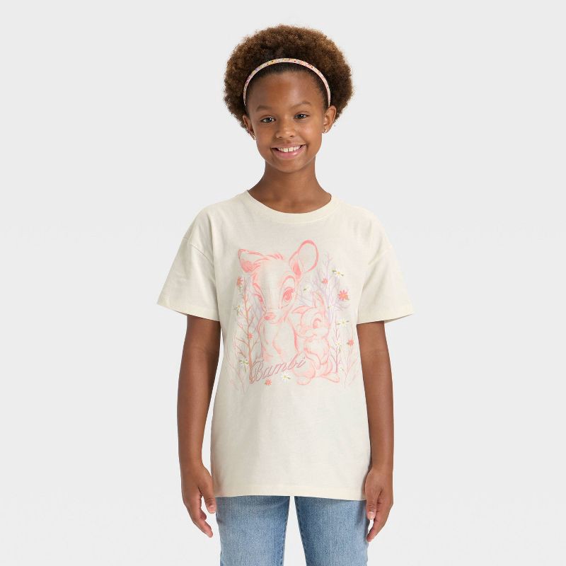 slide 1 of 4, Girls' Bambi Boxy Short Sleeve Graphic T-Shirt - Cream M, 1 ct