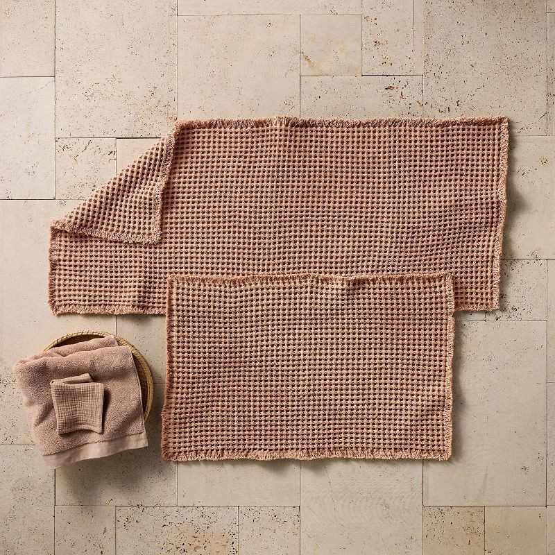 slide 2 of 4, 21"x34" Waffle Cotton Bath Rug with Fringes Clay - Casaluna™, 1 ct