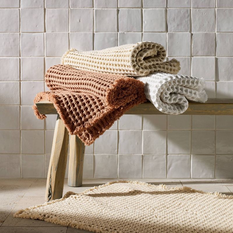 slide 4 of 4, 21"x34" Waffle Cotton Bath Rug with Fringes Clay - Casaluna™, 1 ct