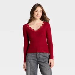 Women's Long Sleeve V-Neck Lace Trim T-Shirt - Universal Thread™ Maroon XS