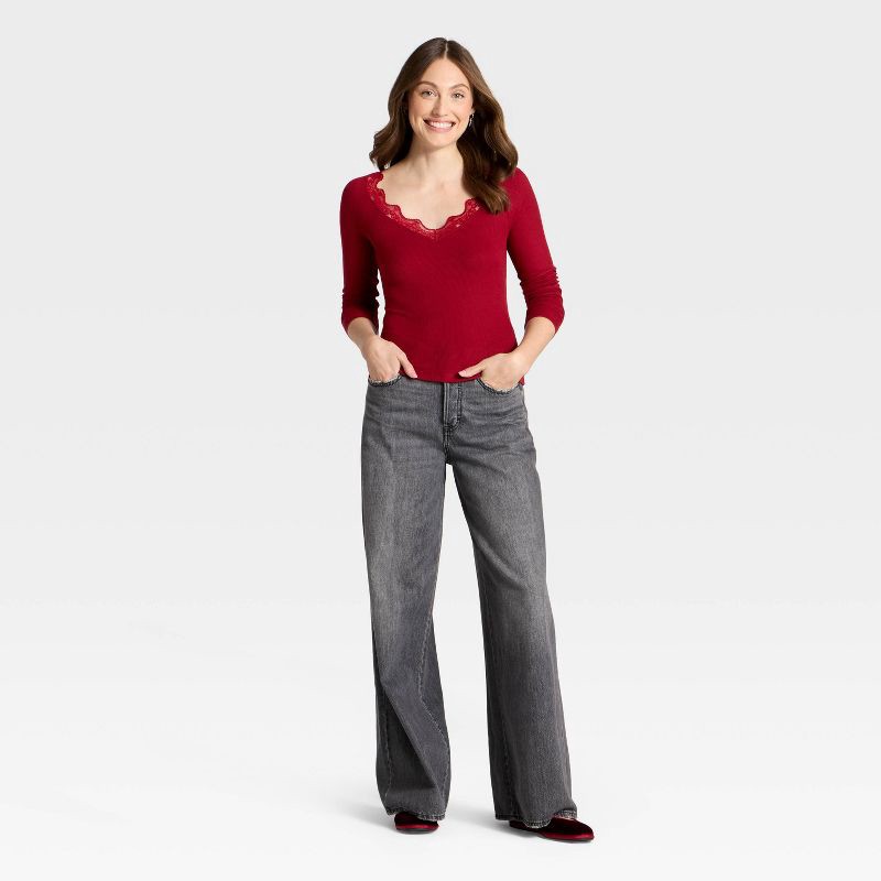 slide 3 of 4, Women's Long Sleeve V-Neck Lace Trim T-Shirt - Universal Thread™ Maroon M, 1 ct