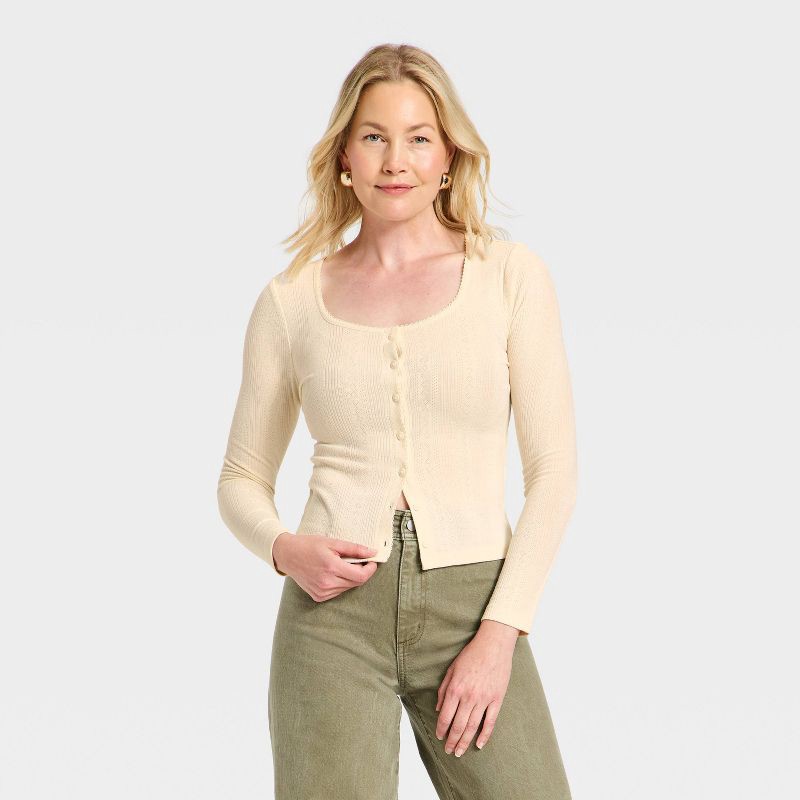 slide 1 of 4, Women's Button-Down Knit Cardigan - Universal Thread™ Cream M, 1 ct
