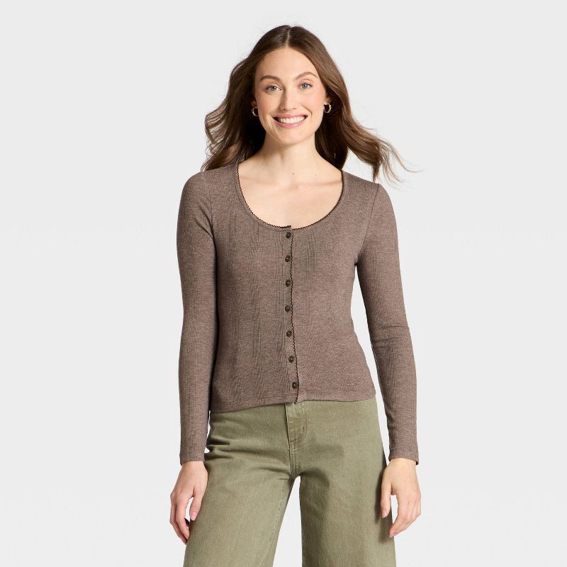 slide 1 of 4, Women's Button-Down Knit Cardigan - Universal Thread™ Brown L, 1 ct