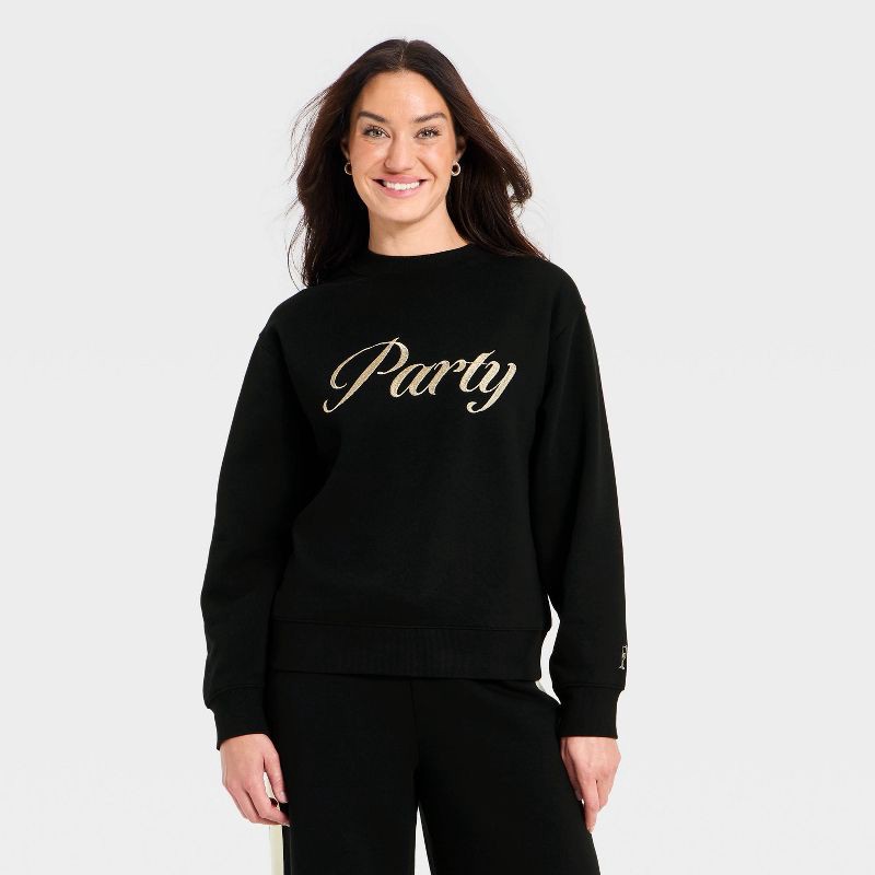 slide 1 of 3, Women's Holiday Knit Embroidered Pullover Sweatshirt - Universal Thread™ Black XS, 1 ct