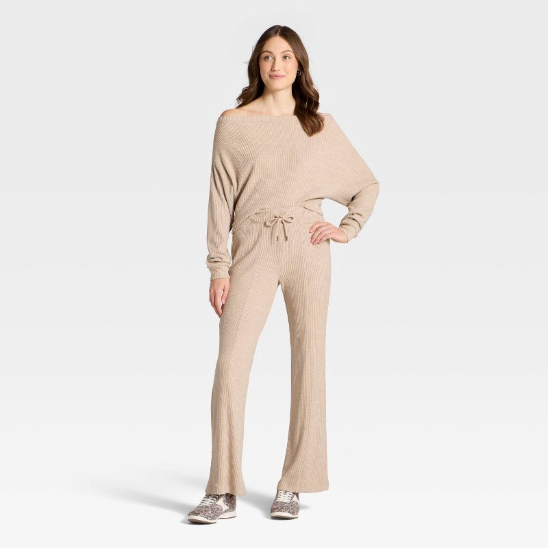 slide 3 of 3, Women's Mid-Rise Ribbed Flare Pants - Universal Thread™ Oatmeal M, 1 ct