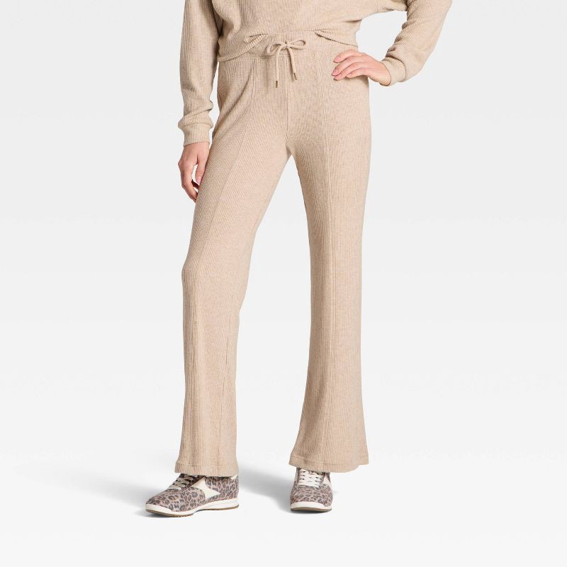 slide 1 of 3, Women's Mid-Rise Ribbed Flare Pants - Universal Thread™ Oatmeal M, 1 ct