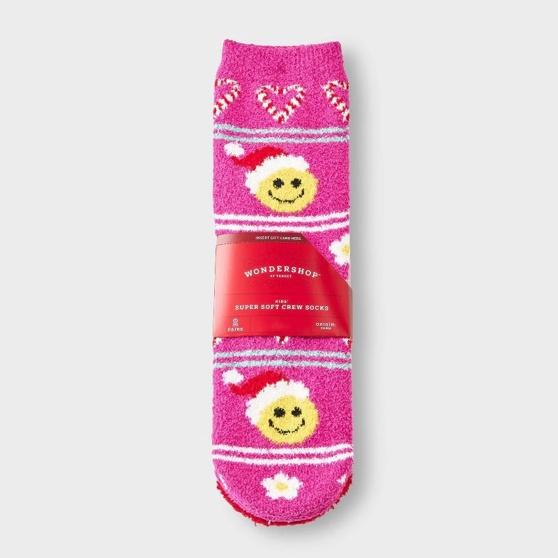 slide 2 of 3, Kids' 2pk Smiley Face & Rainbow Striped Cozy Crew Socks with Gift Card Holder - Wondershop™ Pink XS/S, 2 ct