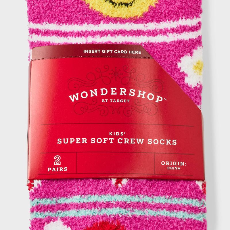 slide 3 of 3, Kids' 2pk Smiley Face & Rainbow Striped Cozy Crew Socks with Gift Card Holder - Wondershop™ Pink XS/S, 2 ct
