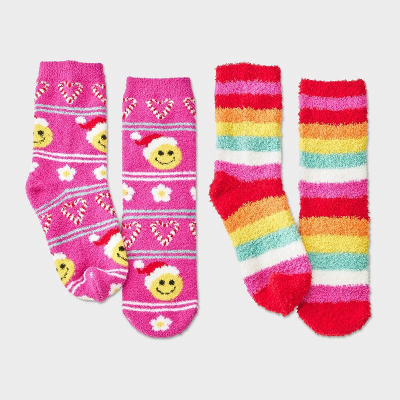 slide 1 of 3, Kids' 2pk Smiley Face & Rainbow Striped Cozy Crew Socks with Gift Card Holder - Wondershop™ Pink XS/S, 2 ct