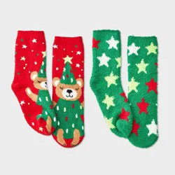 Kids' 2pk Christmas Tree Teddy Bear Cozy Crew Socks with Gift Card Holder - Wondershop™ Red XS/S
