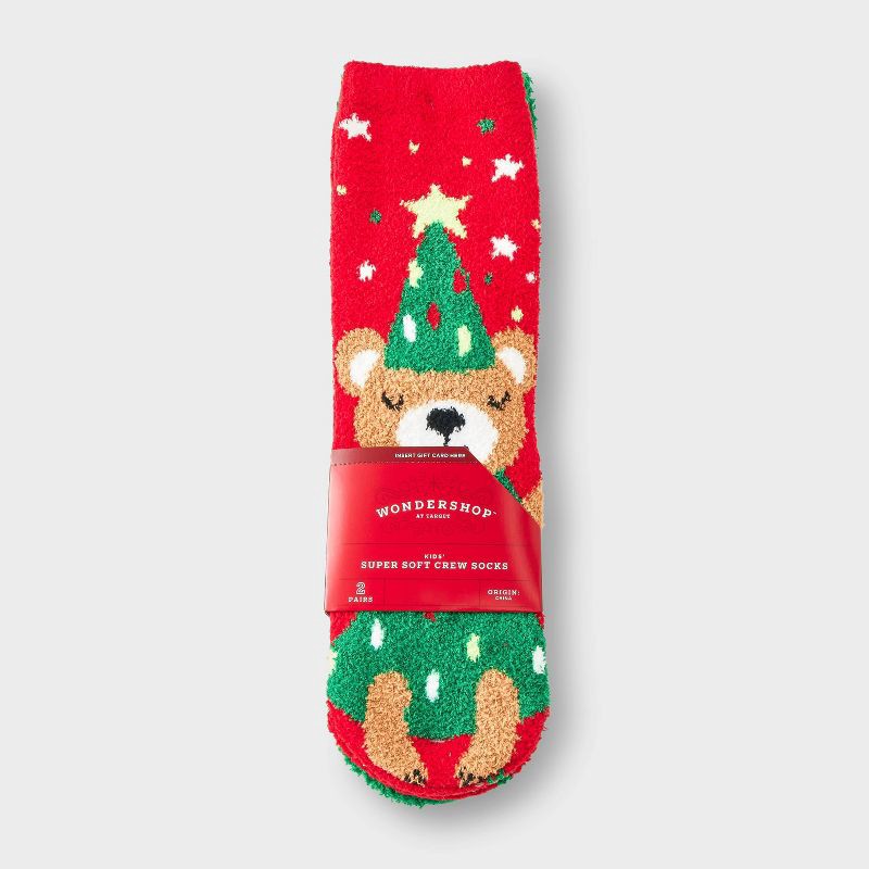 slide 2 of 3, Kids' 2pk Christmas Tree Teddy Bear Cozy Crew Socks with Gift Card Holder - Wondershop™ Red M/L, 2 ct