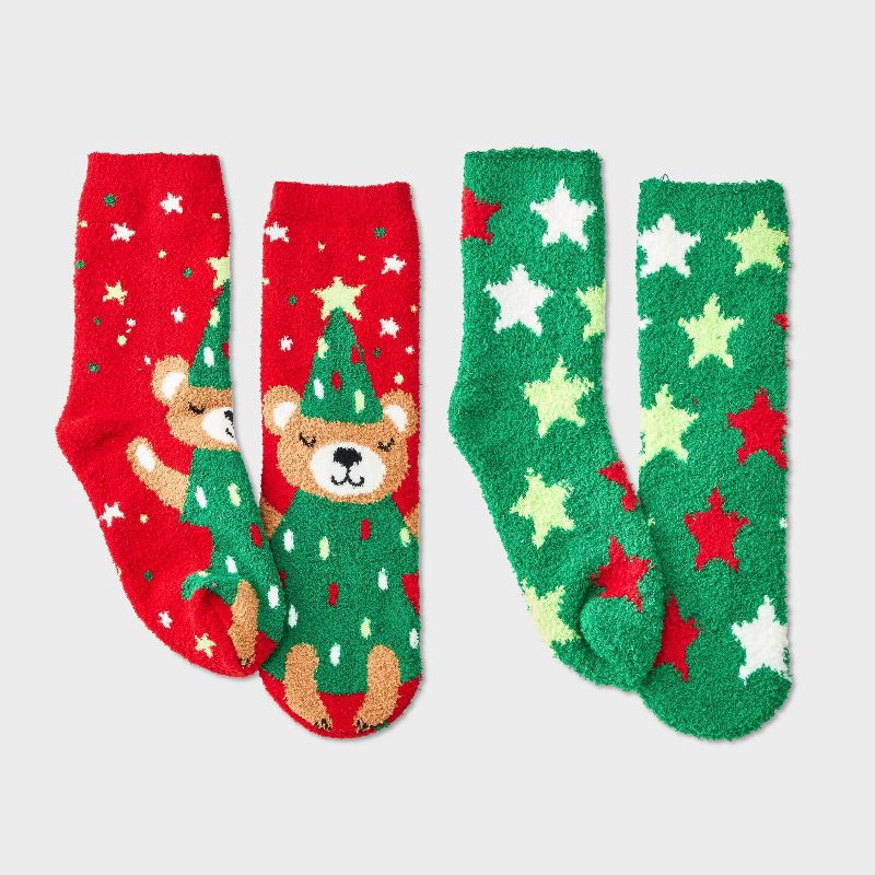 slide 1 of 3, Kids' 2pk Christmas Tree Teddy Bear Cozy Crew Socks with Gift Card Holder - Wondershop™ Red M/L, 2 ct