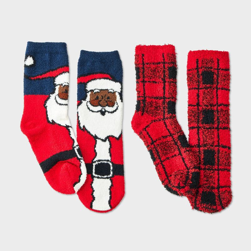 slide 1 of 3, Kids' 2pk Santa & Plaid Cozy Crew Socks with Gift Card Holder - Wondershop™ Navy Blue/Red XS/S, 2 ct