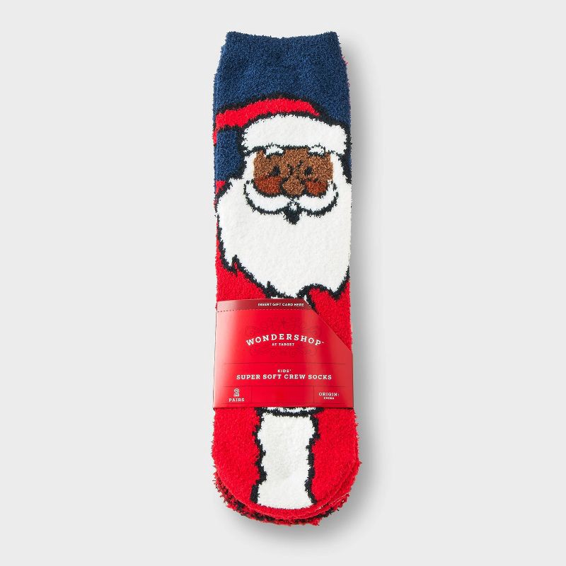 slide 2 of 3, Kids' 2pk Santa & Plaid Cozy Crew Socks with Gift Card Holder - Wondershop™ Navy Blue/Red M/L, 2 ct