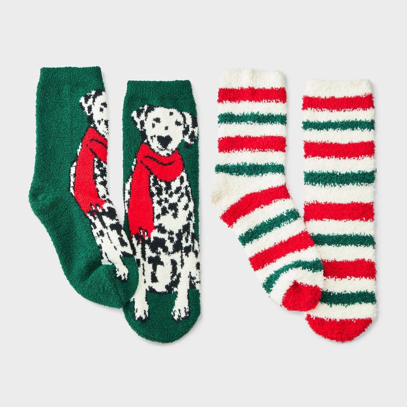 slide 1 of 4, Kids' 2pk Dalmatian & Striped Cozy Crew Socks with Gift Card Holder - Wondershop™ Dark Green XS/S, 2 ct