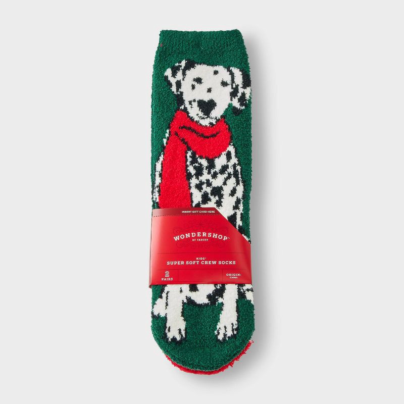 slide 2 of 4, Kids' 2pk Dalmatian & Striped Cozy Crew Socks with Gift Card Holder - Wondershop™ Dark Green M/L, 2 ct